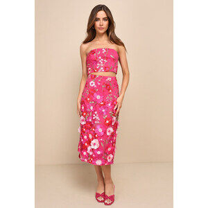 Lulus Gorgeous Mood Hot Pink 3d Floral Applique Two-piece Midi Dress - Size S